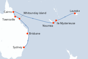 Carte itinéraire croisière Fidji (Îles), Vanuatu, Nouvelle-Calédonie, Australie - 14 jours au départ de Lautoka - Australie Nouvelle Zélande