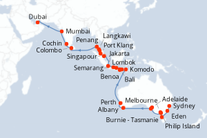 Carte itinéraire croisière Australie, Indonésie, Singapour, Malaisie, Thaïlande, Sri Lanka, Inde, Emirats Arabes Unis - 44 jours au départ de Sydney - Moyen-Orient Dubaï