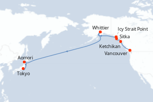 Carte itinéraire croisière Canada, États-Unis, Japon - 16 jours au départ de Vancouver - Asie