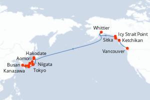 Carte itinéraire croisière Canada, États-Unis, Corée du Sud, Japon - 27 jours au départ de Vancouver - Asie