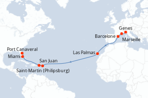 Carte itinéraire croisière Italie, France, Espagne, Pays-Bas, Porto Rico, États-Unis - 17 jours au départ de Genes - Transatlantique
