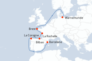 Carte itinéraire croisière Espagne, France, Allemagne - 9 jours au départ de Barcelone - Europe du Nord