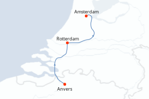 Carte itinéraire croisière La Hollande, pays des tulipes - 4 jours au départ de Anvers - Europe du Nord