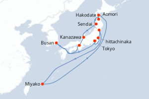 Carte itinéraire croisière Japon, Corée du Sud - 14 jours au départ de Tokyo - Asie