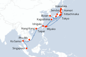 Carte itinéraire croisière Japon, Corée du Sud, Taïwan, Chine, Vietnam, Thaïlande, Singapour - 28 jours au départ de Tokyo - Asie
