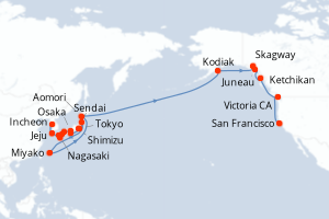 Carte itinéraire croisière Corée du Sud, Japon, États-Unis, Canada - 31 jours au départ de Incheon - Amérique du Nord