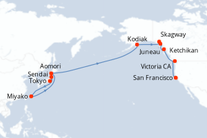 Carte itinéraire croisière Japon, États-Unis, Canada - 20 jours au départ de Tokyo - Amérique du Nord