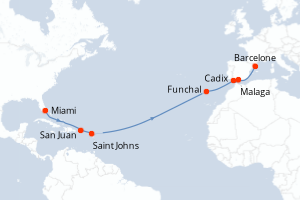 Carte itinéraire croisière États-Unis, Porto Rico, Antigua-et-Barbuda, Portugal, Espagne - 16 jours au départ de Miami - Transatlantique