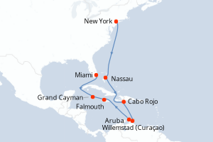 Carte itinéraire croisière Bahamas, République Dominicaine, Pays-Bas, Jamaïque, Caïmans (Îles), États-Unis - 14 jours au départ de New York - Caraïbes Bahamas