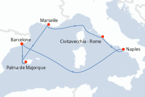 Carte itinéraire croisière Espagne, France, Italie - 7 jours au départ de Barcelone - Méditerranée
