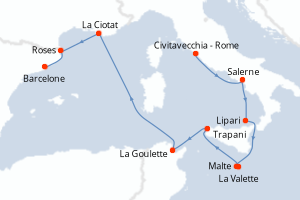 Carte itinéraire croisière Italie, Malte, Tunisie, France, Espagne - 10 jours au départ de Civitavecchia - Rome - Méditerranée