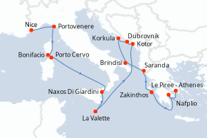 Carte itinéraire croisière France, Malte, Monténégro, Croatie, Italie, Albanie, Grèce - 17 jours au départ de Nice - Méditerranée