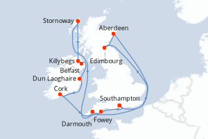 Carte itinéraire croisière Royaume-Uni, Irlande - 11 jours au départ de Southampton - Europe du Nord