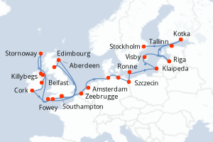 Carte itinéraire croisière Royaume-Uni, Irlande, Belgique, Pays-Bas, Allemagne, Pologne, Danemark, Lituanie, Lettonie, Finlande, Estonie, Suède - 25 jours au départ de Southampton - Europe du Nord