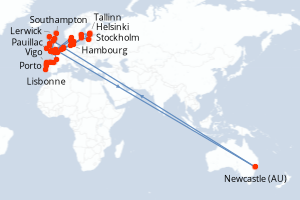 Carte itinéraire croisière Portugal, Espagne, France, Pays-Bas, Belgique, Royaume-Uni, Australie, Irlande, Danemark, Suède, Finlande, Estonie, Lettonie, Allemagne - 43 jours au départ de Lisbonne - Europe du Nord