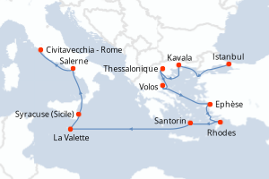 Carte itinéraire croisière Turquie, Grèce, Malte, Italie - 11 jours au départ de Istanbul - Méditerranée