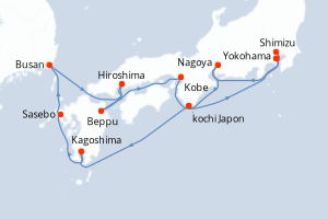 Carte itinéraire croisière Japon, Corée du Sud - 10 jours au départ de Yokohama - Asie