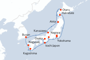 Carte itinéraire croisière Corée du Sud, Japon - 14 jours au départ de Yokohama - Asie