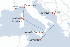 Carte itinéraire croisière France, Italie, Malte, Monténégro, Croatie - 10 jours au départ de Nice - Adriatique