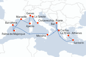 Carte itinéraire croisière Western Mediterranean with Greece et Ital - 14 jours au départ de Le Piree - Athenes - Méditerranée