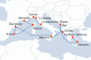 Carte itinéraire croisière Western Mediterranean with Greece et Ital - 14 jours au départ de Le Piree - Athenes - Méditerranée