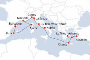 Carte itinéraire croisière Mediterranean with Greece, Italy et Turke - 14 jours au départ de Barcelone - Méditerranée