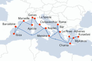 Carte itinéraire croisière The Best of the Mediterranean - 21 jours au départ de Civitavecchia - Rome - Méditerranée