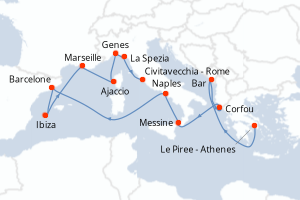 Carte itinéraire croisière Western Mediterranean with Greece et Ital - 14 jours au départ de Le Piree - Athenes - Méditerranée