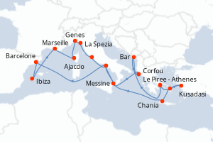 Carte itinéraire croisière The Best of the Mediterranean - 21 jours au départ de Le Piree - Athenes - Méditerranée