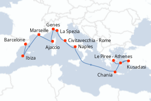 Carte itinéraire croisière Mediterranean with Greece, Italy et Turke - 14 jours au départ de Barcelone - Méditerranée