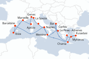 Carte itinéraire croisière The Best of the Mediterranean - 21 jours au départ de Barcelone - Méditerranée