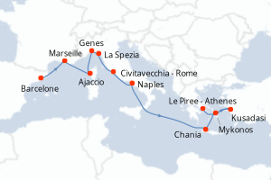 Carte itinéraire croisière Mediterranean with Greece, Italy et Turke - 14 jours au départ de Barcelone - Méditerranée