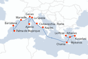 Carte itinéraire croisière Mediterranean with Greece, Italy et Turke - 14 jours au départ de Barcelone - Méditerranée