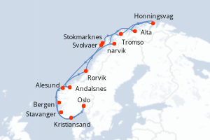 Carte itinéraire croisière La Ligne du Cap Nord - Aller/Retour - 14 jours au départ de Oslo - Europe du Nord