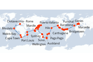 Carte itinéraire croisière Italie, France, Espagne, Portugal, Barbade, Grenade, Colombie, Costa Rica, Panama, Guatemala, Mexique, États-Unis, Samoa, Fidji (Îles), Nouvelle-Zélande, Australie, Philippines, Taïwan, Japon, Corée du Sud, Chine, Vietnam - 130 jours au départ de Civitavecchia - Rome - Tour du Monde