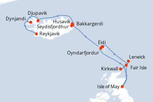 Carte itinéraire croisière Norvège, Royaume-Uni, Danemark, Féroé (Îles), Islande - 12 jours au départ de Eidi - Europe du Nord