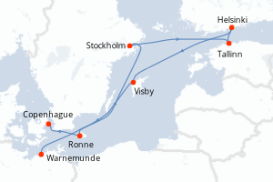 Carte itinéraire croisière Allemagne, Suède, Estonie, Finlande, Danemark - 8 jours au départ de Warnemunde - Europe du Nord