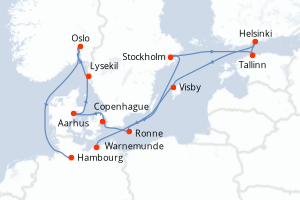 Carte itinéraire croisière Allemagne, Suède, Estonie, Finlande, Danemark, Norvège - 13 jours au départ de Warnemunde - Europe du Nord