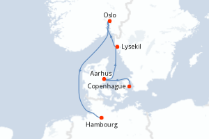 Carte itinéraire croisière Danemark, Suède, Norvège, Allemagne - 5 jours au départ de Copenhague - Europe du Nord