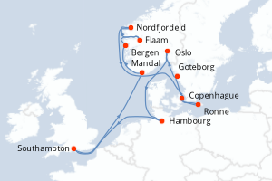 Carte itinéraire croisière Allemagne, Royaume-Uni, Norvège, Danemark, Suède - 14 jours au départ de Hambourg - Europe du Nord