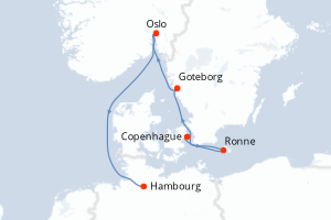 Carte itinéraire croisière Danemark, Suède, Norvège, Allemagne - 5 jours au départ de Copenhague - Europe du Nord