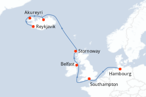 Carte itinéraire croisière Allemagne, Royaume-Uni, Irlande, Islande - 10 jours au départ de Hambourg - Europe du Nord