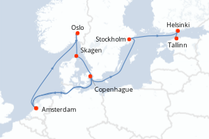 Carte itinéraire croisière Pays-Bas, Norvège, Danemark, Suède, Finlande, Estonie - 12 jours au départ de Amsterdam - Europe du Nord