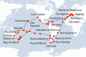 Carte itinéraire croisière Espagne, Royaume-Uni, Maroc, Cap-Vert, Brésil, Argentine, Îles Malouines, Chili, France, Îles Cook, Nouvelle-Zélande, Australie, Nouvelle-Calédonie, Vanuatu, Samoa, États-Unis, Mexique, Costa Rica, Panama, Jamaïque, Pays - 121 jours au départ de Barcelone - Tour du Monde