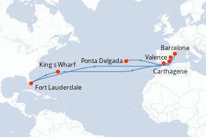 Carte itinéraire croisière Espagne, Portugal, Royaume-Uni, États-Unis - 14 jours au départ de Barcelone - Transatlantique