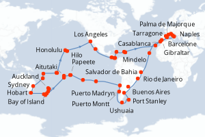 Carte itinéraire croisière Espagne, Royaume-Uni, Maroc, Cap-Vert, Brésil, Argentine, Îles Malouines, Chili, France, Îles Cook, Nouvelle-Zélande, Australie, Nouvelle-Calédonie, Vanuatu, Samoa, États-Unis, Mexique, Costa Rica, Panama, Jamaïque, Pays - 121 jours au départ de Barcelone - Tour du Monde