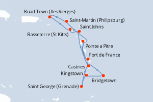 Carte itinéraire croisière Barbade, Saint Vincent-et-les-Grenadines, Grenade, Sainte-Lucie, France, Pays-Bas, Royaume-Uni, Antigua-et-Barbuda - 14 jours au départ de Bridgetown - Caraïbes Bahamas