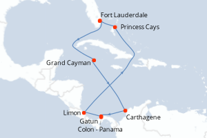 Carte itinéraire croisière Canal de Panamá con Costa Rica y el Cari - 12 jours au départ de Fort Lauderdale - Caraïbes Bahamas