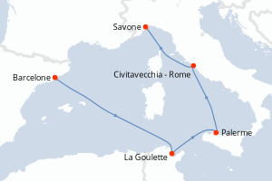 Carte itinéraire croisière Espagne, Italie - 5 jours au départ de Barcelone - Méditerranée