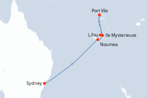 Carte itinéraire croisière Australie, Nouvelle-Calédonie, Vanuatu - 10 jours au départ de Sydney - Australie Nouvelle Zélande
